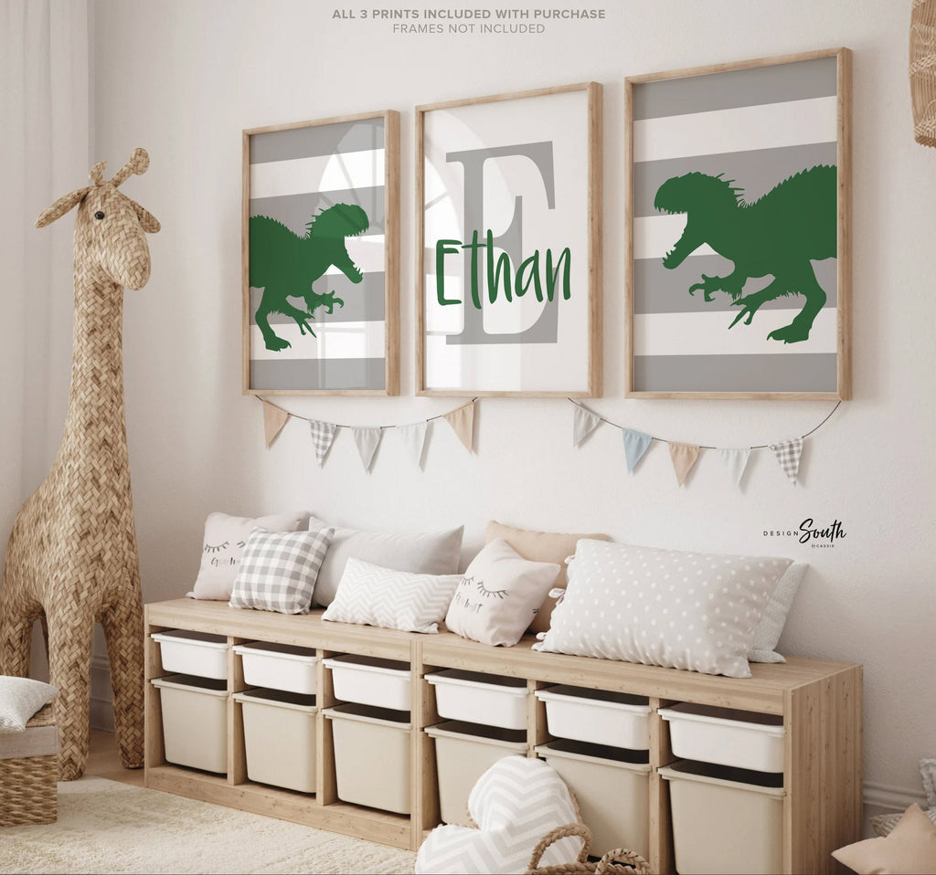 Kelly green dinosaur boys bedroom wall art, green dinosaur, green and gray boys wall art t-rex dinosaur, boys wall decor dinosaur theme room