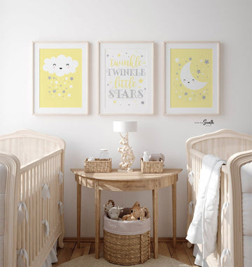 Yellow and gray twin nursery decor, boy/girl shared nursery art, twin wall boy/girl room decor, twin silver sparkles stars celestial theme