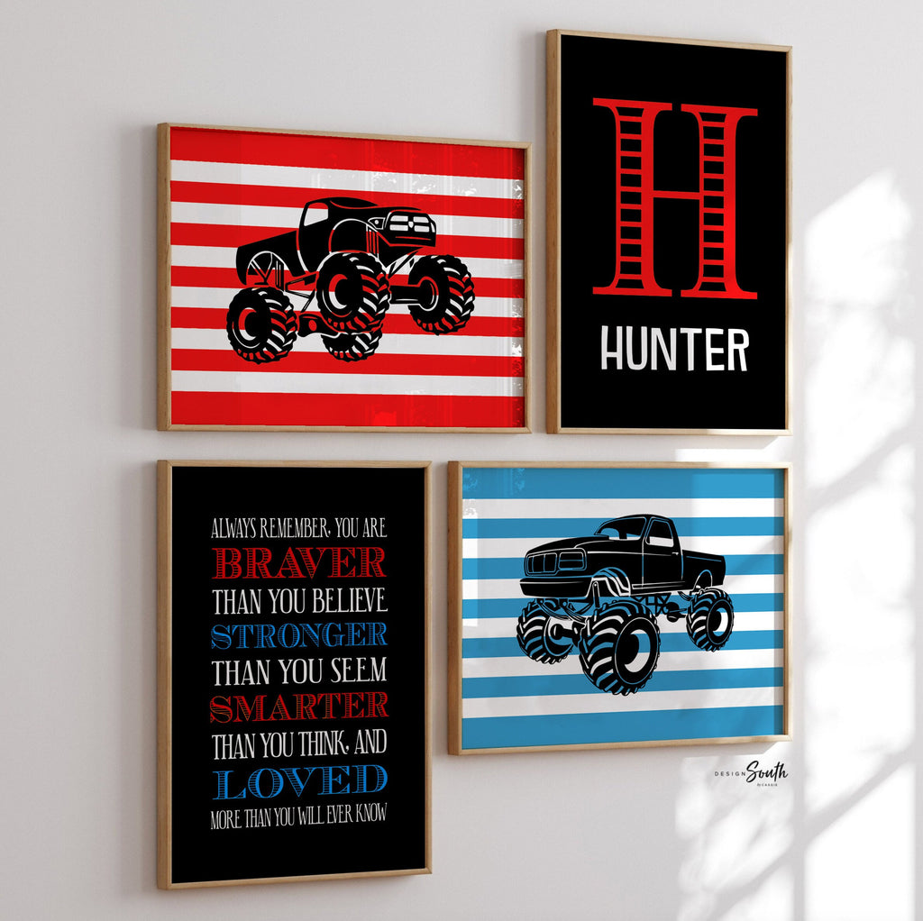 Monster truck wall personalized name for boys room decor, truck theme wall prints, boys monster truck with name, toddler truck bedroom decor