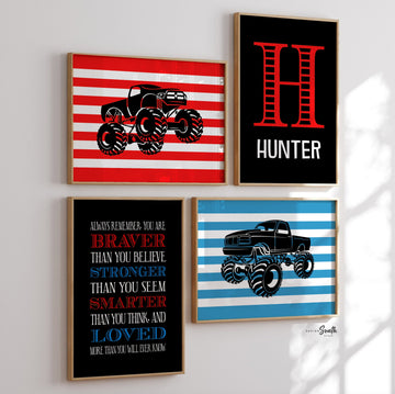 Monster truck wall personalized name for boys room decor, truck theme wall prints, boys monster truck with name, toddler truck bedroom decor