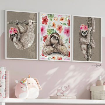 Sloth themed little girl room decor, wall art sloth set girl's nursery bedroom, tropical sloth pictures girl nursery theme, cute sloth set