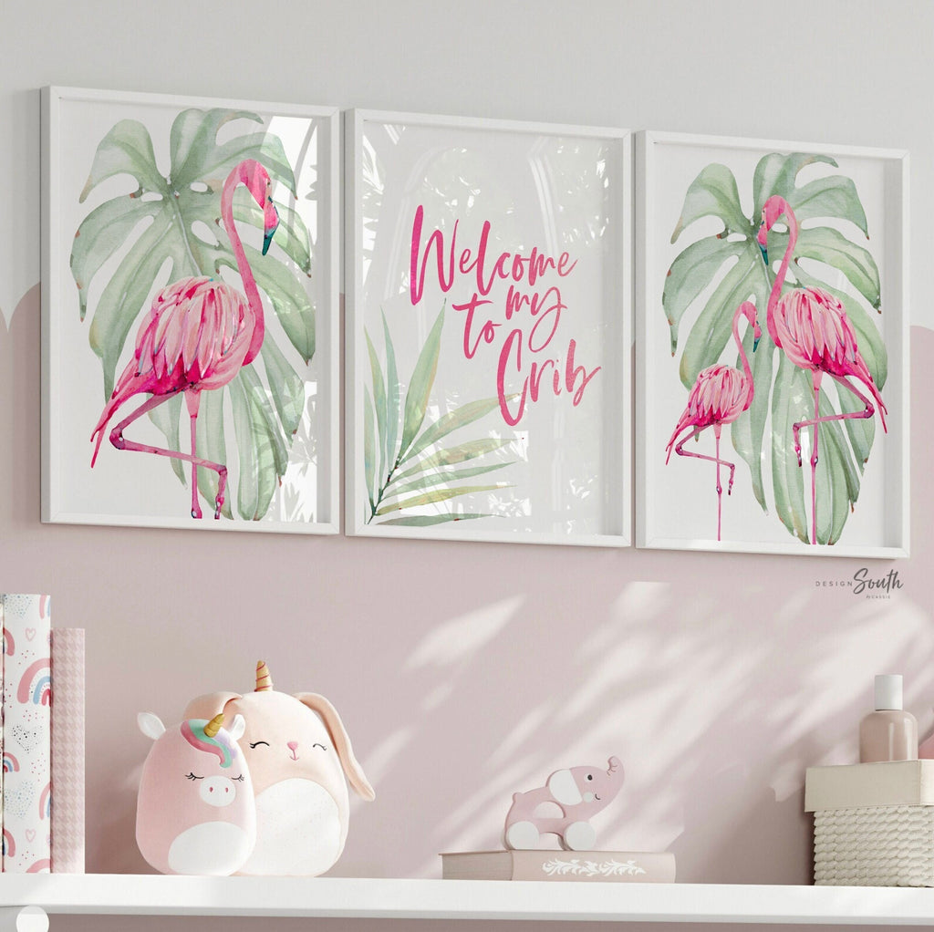 Welcome to my crib print art set, above crib tropical wall, flamingo nursery decor, baby room decor, newborn flamingo nursery pink and green