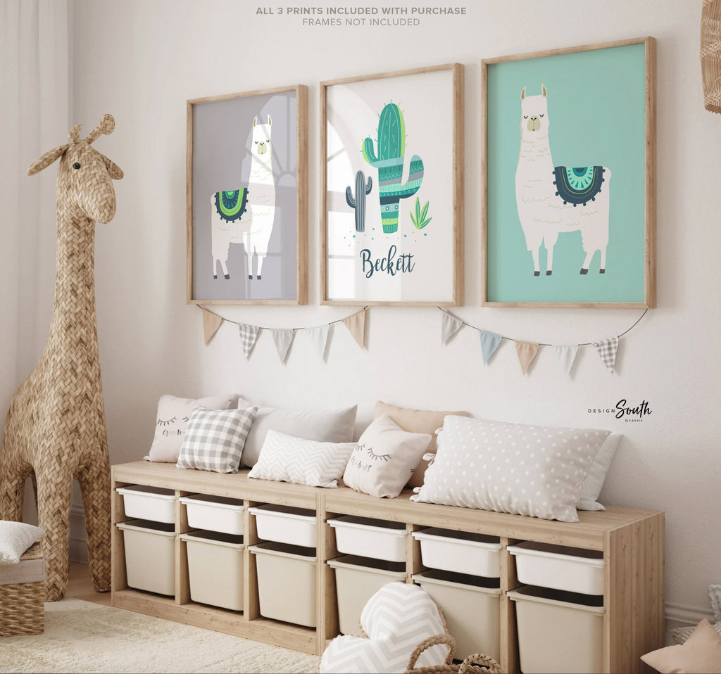 Teal blue cactus boho room decor, llama nursery boy alpaca, kid teal blue green boho child room art, cactus nursery boy, llama baby boy room