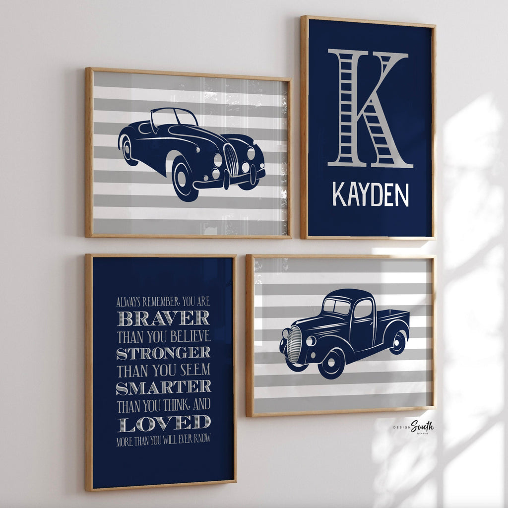 Vintage car and truck prints, vintage nursery, navy blue, gray, transportation nursery theme, boys car nursery, cars, classic car nursery