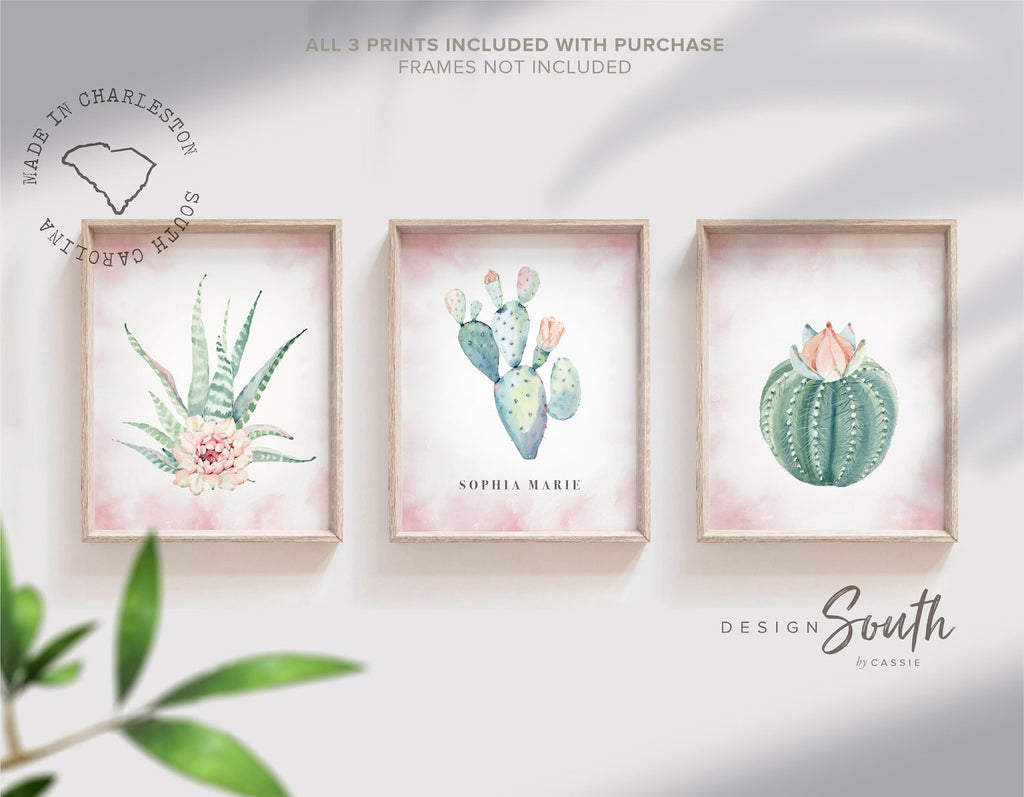 Girls name cactus bloom, girl monogram desert cactus floral, girl pink green desert nursery decor, floral cactus nursery, girl bedroom pink