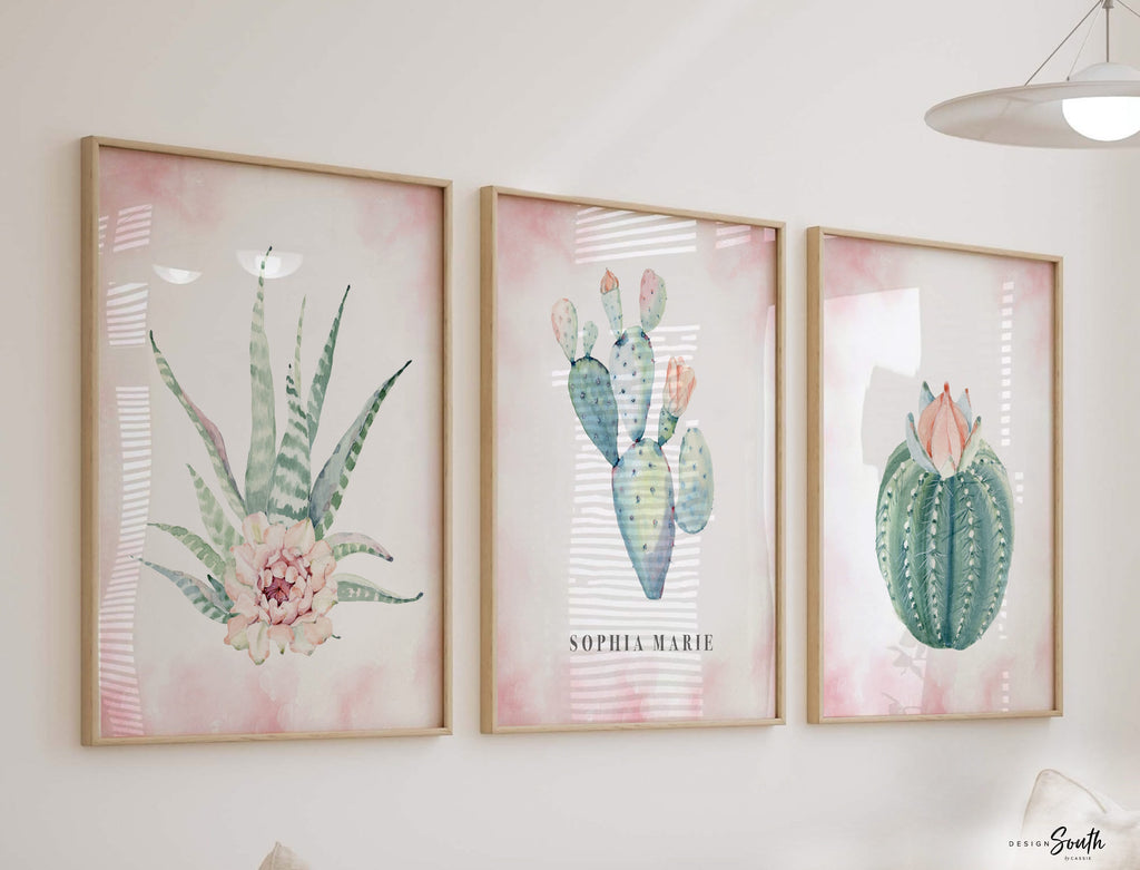 Girls name cactus bloom, girl monogram desert cactus floral, girl pink green desert nursery decor, floral cactus nursery, girl bedroom pink