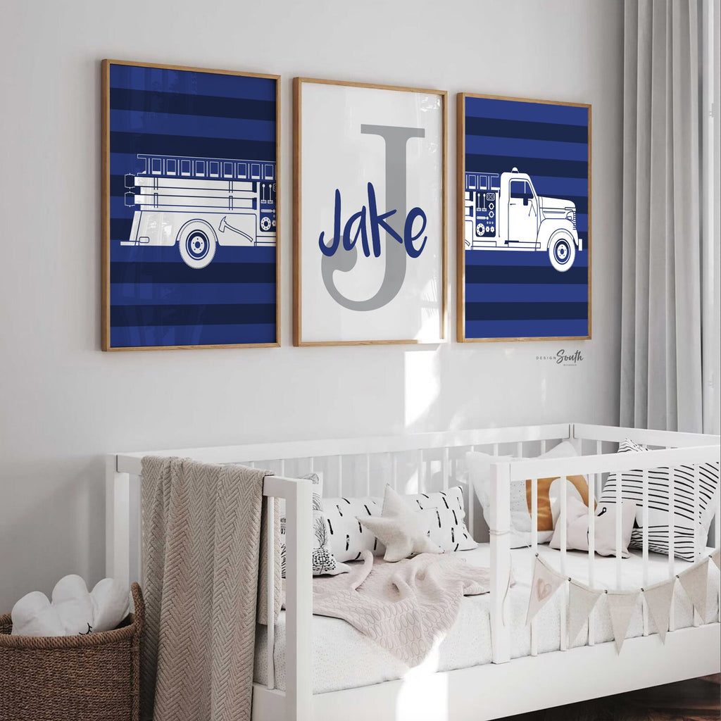 Navy fire truck nursery decor, firefighter nursery art, navy fire trucks, fire truck theme, boys fire truck decor, boy wall art firefighter