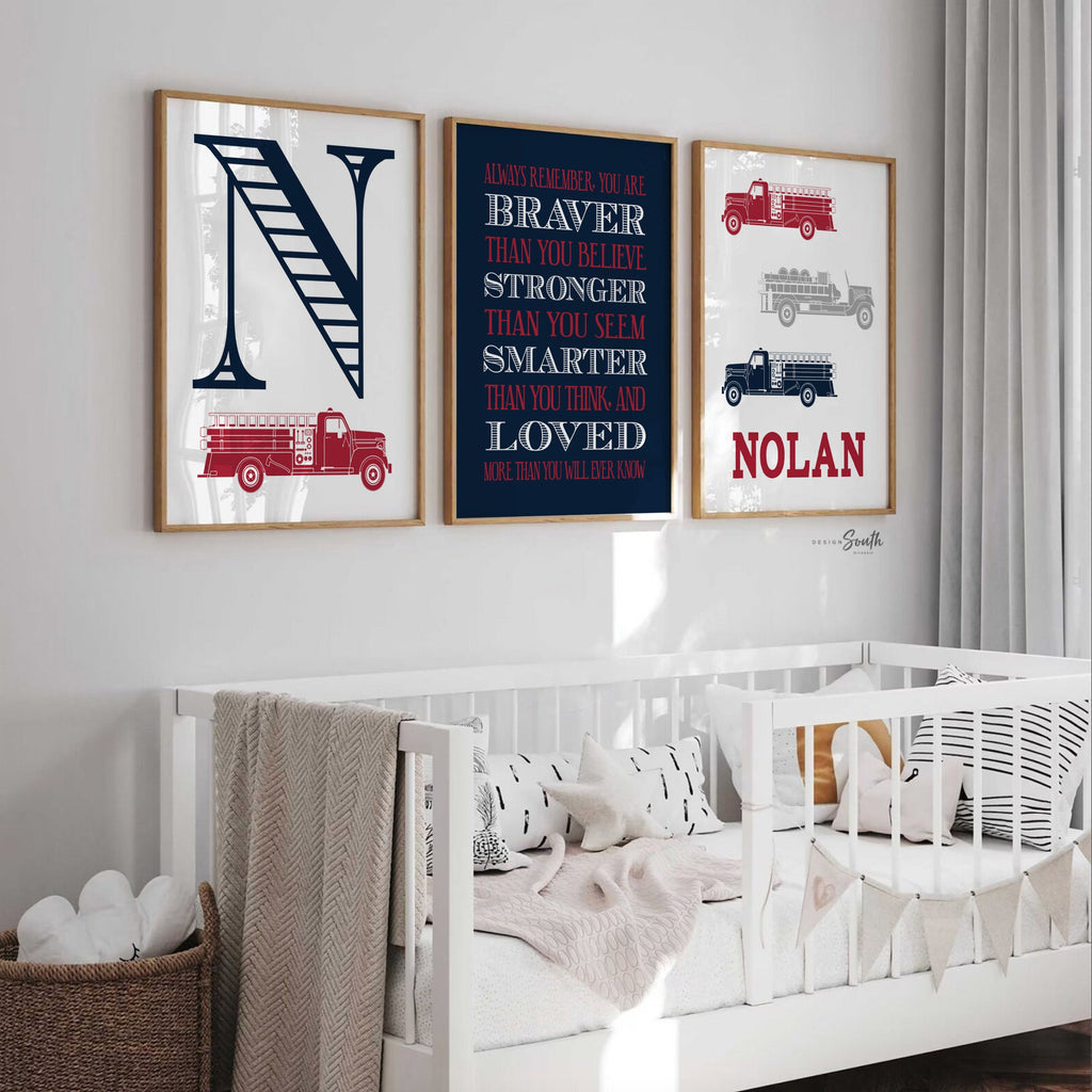 Fire truck nursery decor, firefighter nursery art, navy firetruck art, firetruck theme, boys firetruck decor, boy wall art, firefighter art