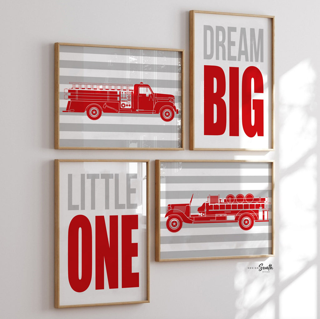 Firetruck gift for boy, firetruck nursery, baby boy firetrucks, firetruck nursery print, dream big, kid firetruck theme, red nursery fireman