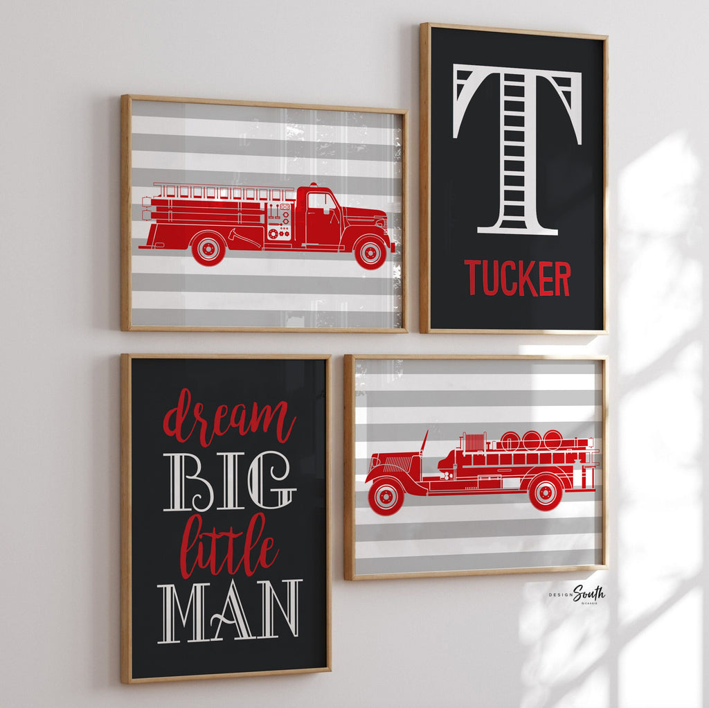 Fire truck nursery, firefighter little boy, name print boys personalized nursery wall art, boys nursery decor red gray firefighter wall art