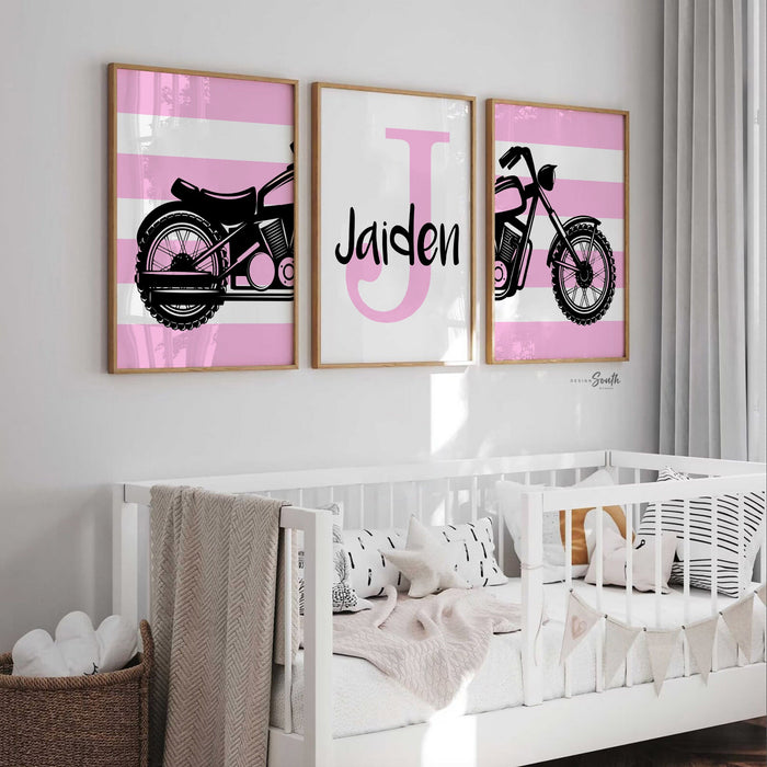 Girl pink motorcycle nursery, girl's pink harley motorcycle, girl pink black motorcycle themed art, pink motorcycle decor monogram name art