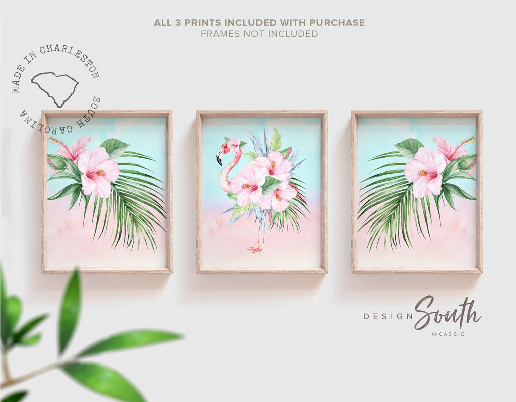 Little girl tropical themed wall art, baby palm leaf nursery decor, watercolor flamingo art print, flower with palm leaf, flamingo greenery