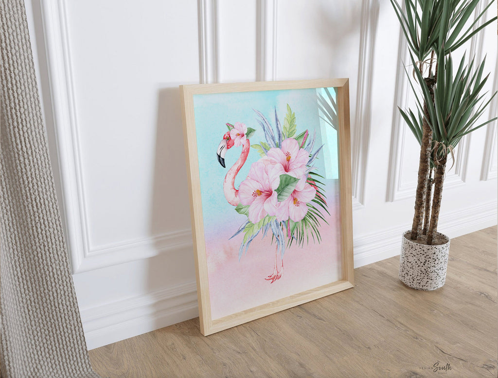 Little girl tropical themed wall art, baby palm leaf nursery decor, watercolor flamingo art print, flower with palm leaf, flamingo greenery