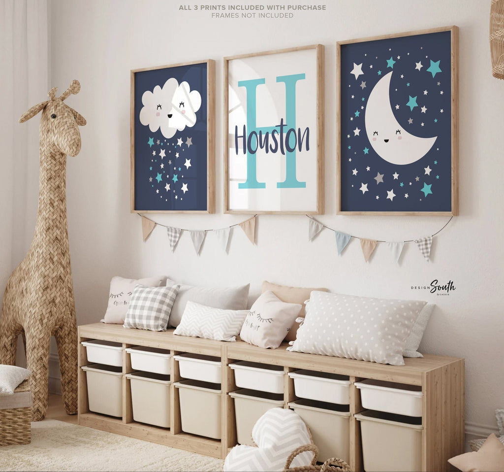 Prints for baby boy nursery, personalized name, cloud nursery, moon star, boys nursery decor, wall art for baby boys room, baby boy nursery