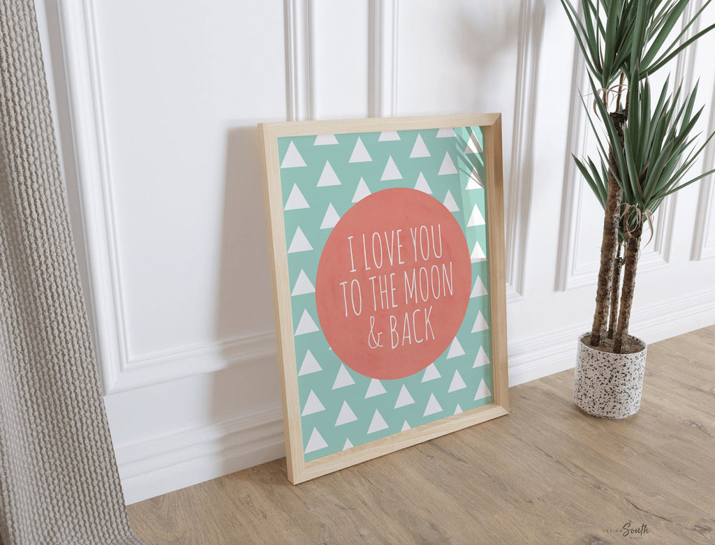 Girls nursery decor, i love you to the moon and back, mint and coral, boys nursery decor, nursery prints, quote for girls nursery, decor