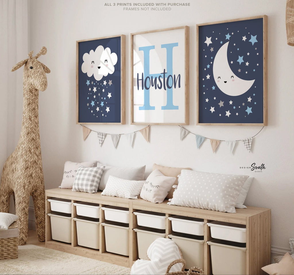 Baby blue and navy boys nursery monogram customized name decor, baby boy nursery cloud moon and stars, stars baby boy, moon baby boy, clouds