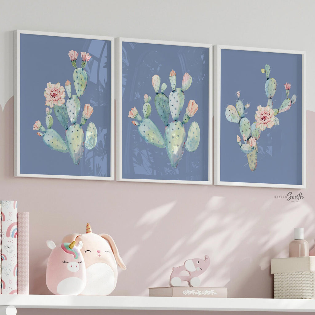 Bedroom wall decor, cactus art for bathroom, adult bathroom decor, nursery decor wall prints, mint pink floral art, succulent bathroom art