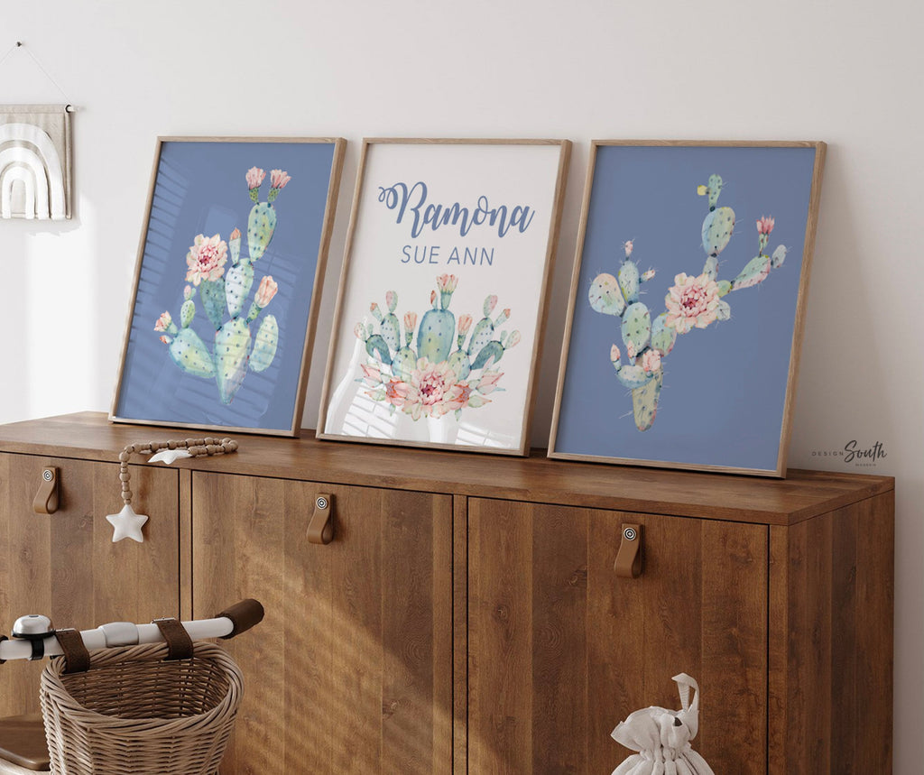 Pink flower cactus nursery art, watercolor wall art, girls bohemian nursery art, boho girls room wall decor, cactus nursery art personalized