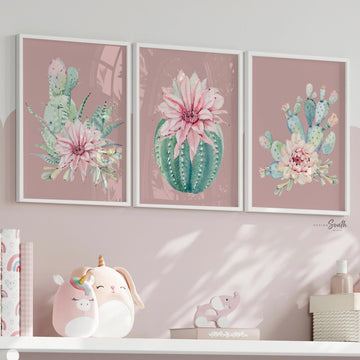 Succulent wall art print, mauve bathroom decor, ideas for bathroom decorating, cactus blooms theme, mauve bathroom art for adult or children