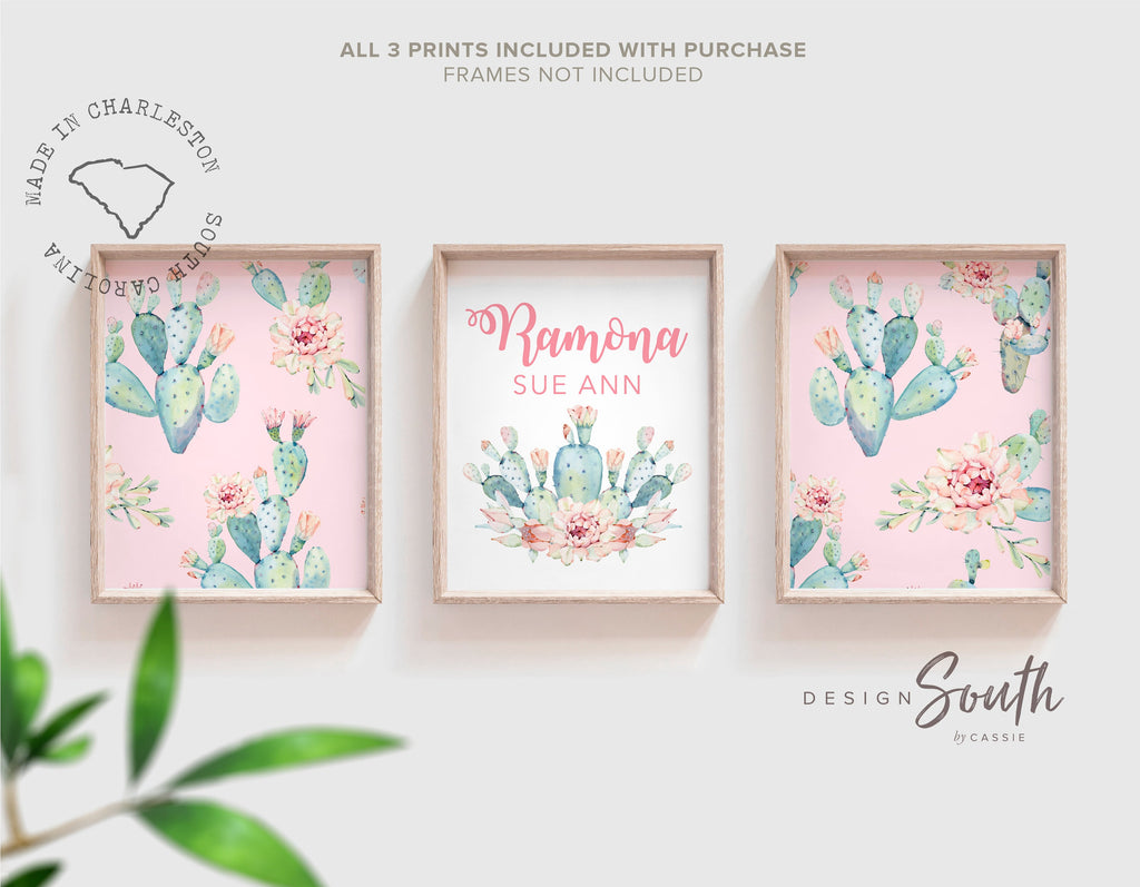 Pink mint colors girl nursery, desert boho succulent nursery decor, pink green cactus baby girl wall, cactus blooms theme room succulents