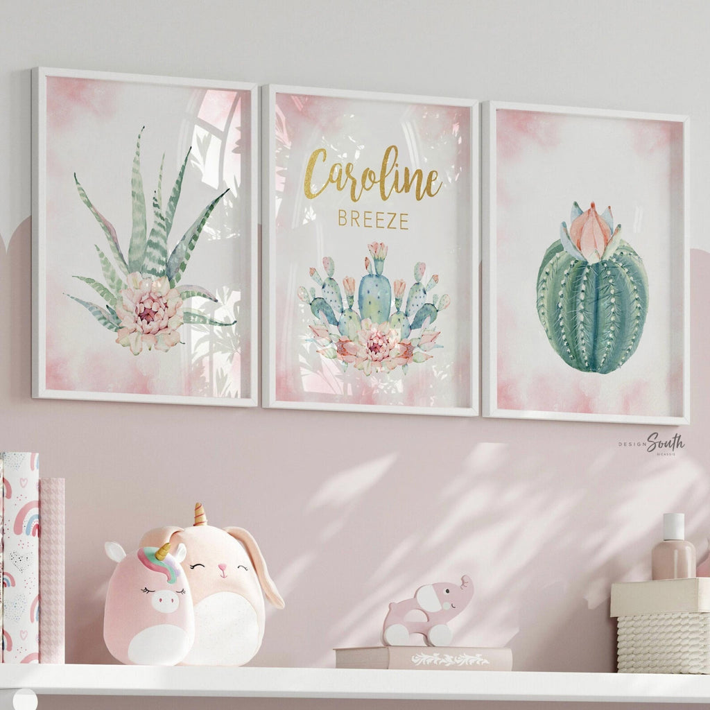 Pink gold floral monogram, baby nursery cactus blooms with gold, personalized bedroom wall decoration, floral cactus pink gold succulents