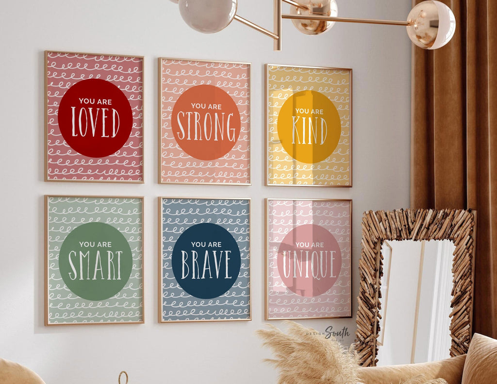Loved strong kind smart brave unique art print set, boho colors kids room, inspiring prints, muted earthy colors, playroom neutral muted kid