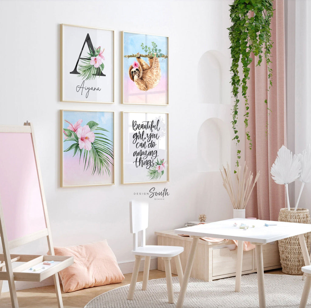 Sloth nursery girl, decor for girl's bedroom, animal lover kid gift, inspirational quote for girls wall art print, tropical sloth theme room