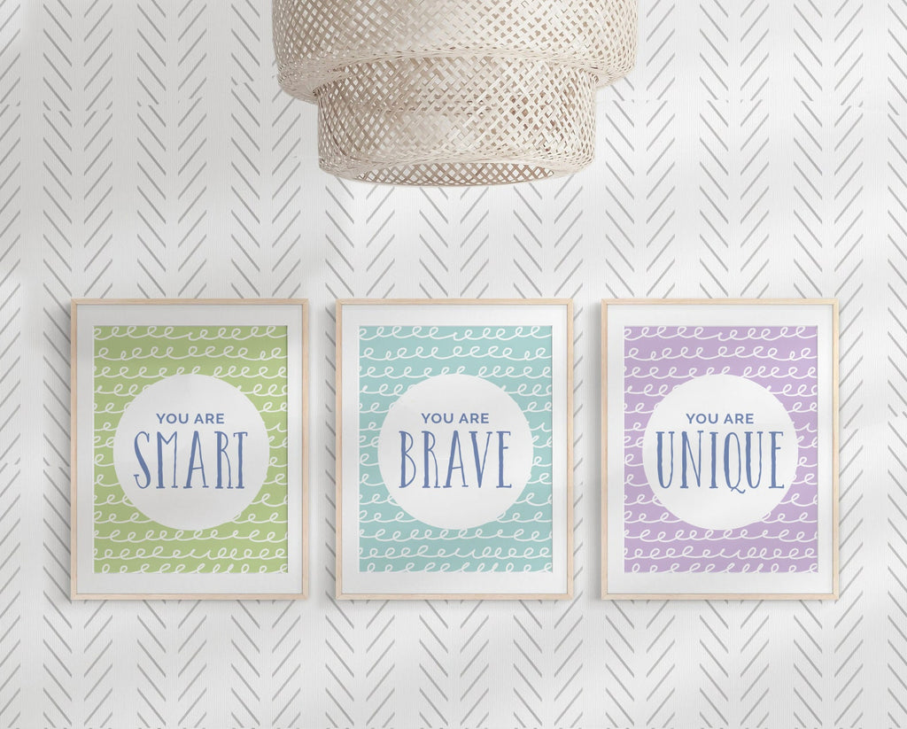 Playroom children wall decor, unisex room decor, pastel color kid art, inspirational prints for kids, you are kind smart unique strong brave