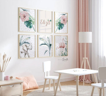 Girl nursery decor, palm leaf tropical theme nursery art, jungle theme safari animal baby girl wall, pink gray safari nursery wall art decor