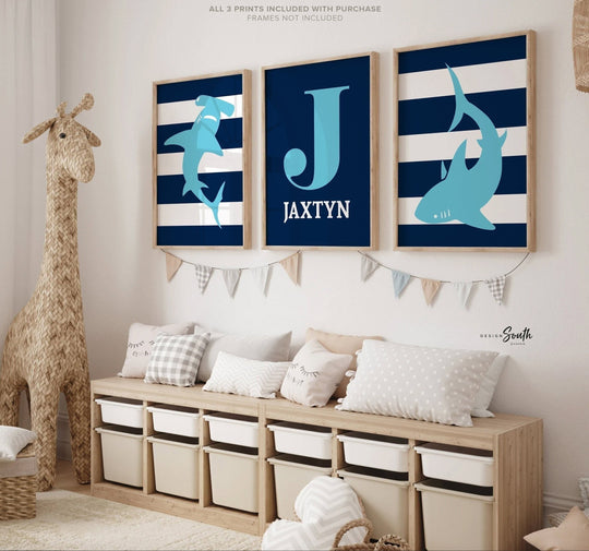Shark nursery art, bedroom sharks name, baby boy shark wall art, shark boys room wall decor, shark bedroom art, shark wall art, shark theme