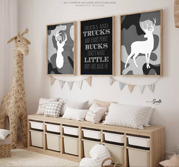 Buck nursery decor, deer nursery art, hunting quote for boys, what little boys are made of, hunting decor, gray hunting nursery for boys