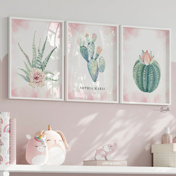 Girls name cactus bloom, girl monogram desert cactus floral, girl pink green desert nursery decor, floral cactus nursery, girl bedroom pink
