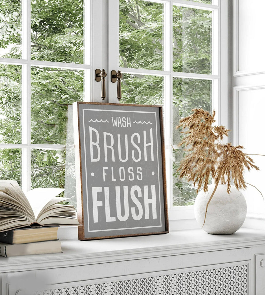 Wash brush floss flush, bathroom print in gray and white, bathroom print for children, gray bathroom print for boys or girls, white gray