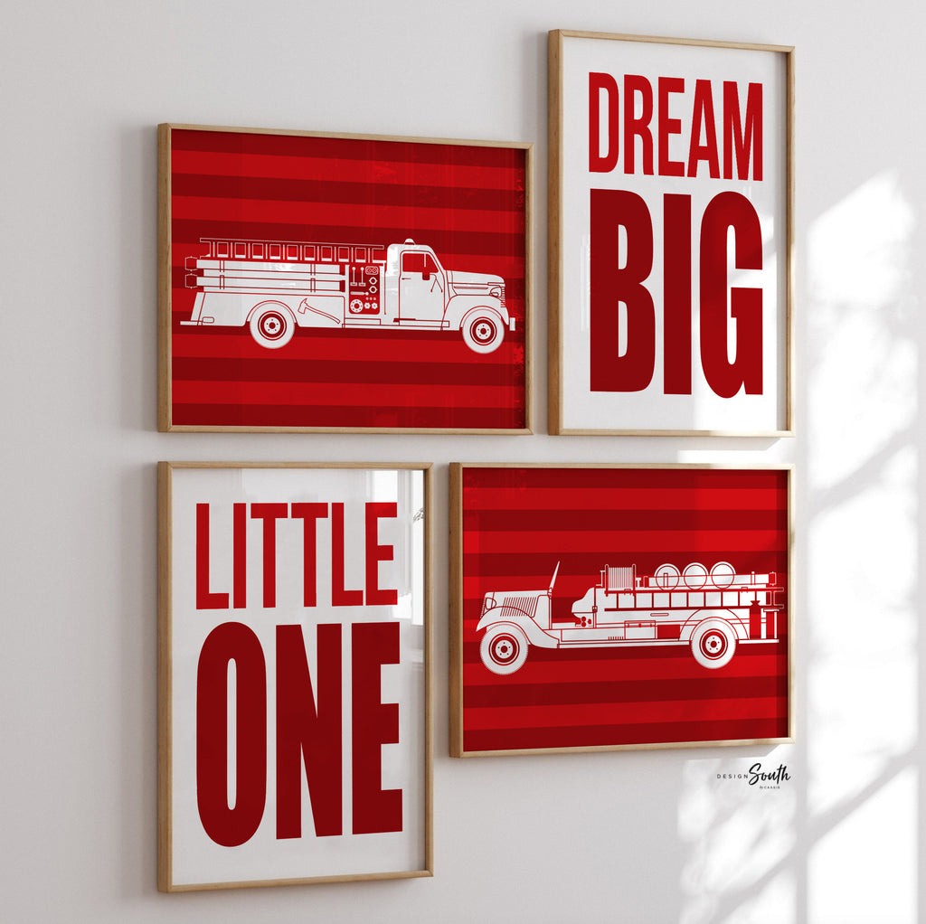 Firetruck gift for boy, firetruck nursery, baby boy firetrucks, firetruck nursery print, dream big, kid firetruck theme, red nursery fireman