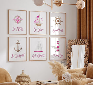 Nautical girl room art, anchor ship wheel sailboat collection nautical wall prints, nautical nursery art, ocean theme wall art, sea baby art