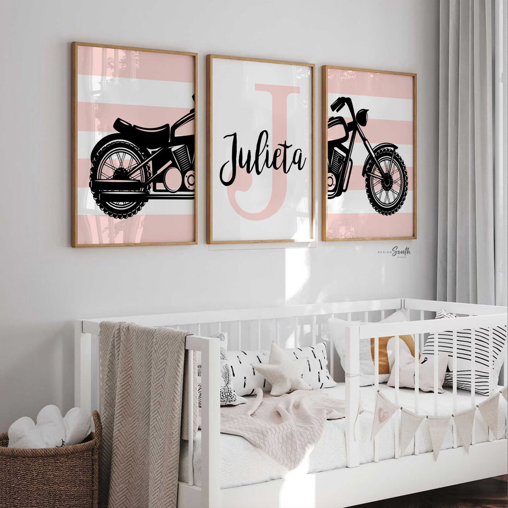 Girls motorcycle nursery or bedroom decor, girls pink harley motorcycle, girl motorcycle themed art, pink motorcycle decor monogram name art