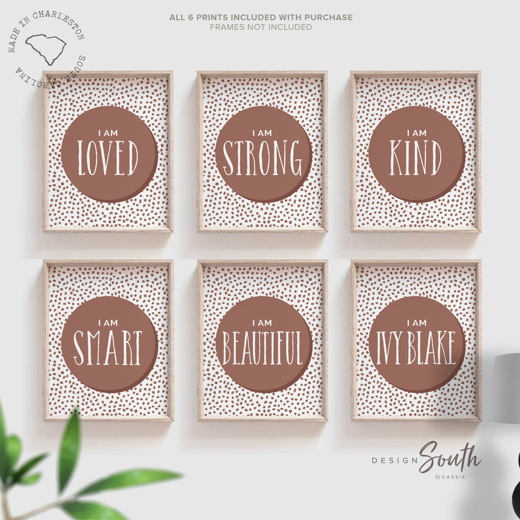 Boho mauve brown nursery playroom bedroom art prints, I am affirmations, neutral wall art, boho kids bedroom playroom art, personalized name