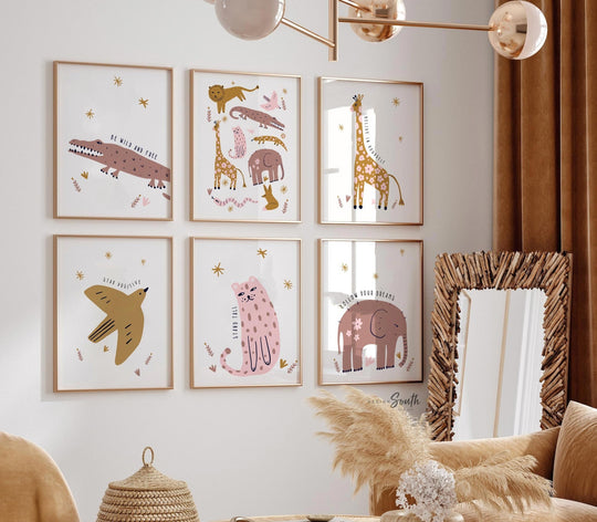 Animal poster print art set for kids, playroom animal wall art gender neutral colors, boho animal baby room art, safari themed art, kid room