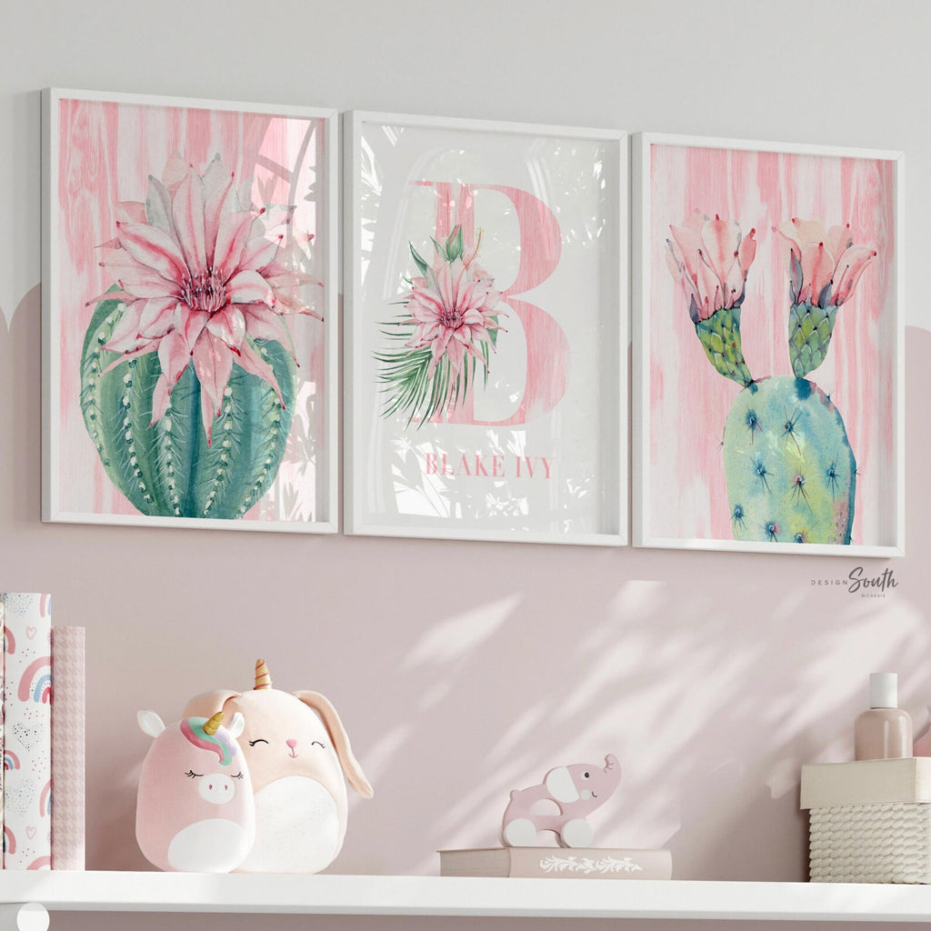 Floral monogram initial, baby nursery cactus blooms, personalized bedroom wall decoration, floral cactus pink succulents, baby pink nursery