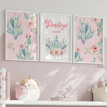 Pink mint colors girl nursery, desert boho succulent nursery decor, pink green cactus baby girl wall, cactus blooms theme room succulents