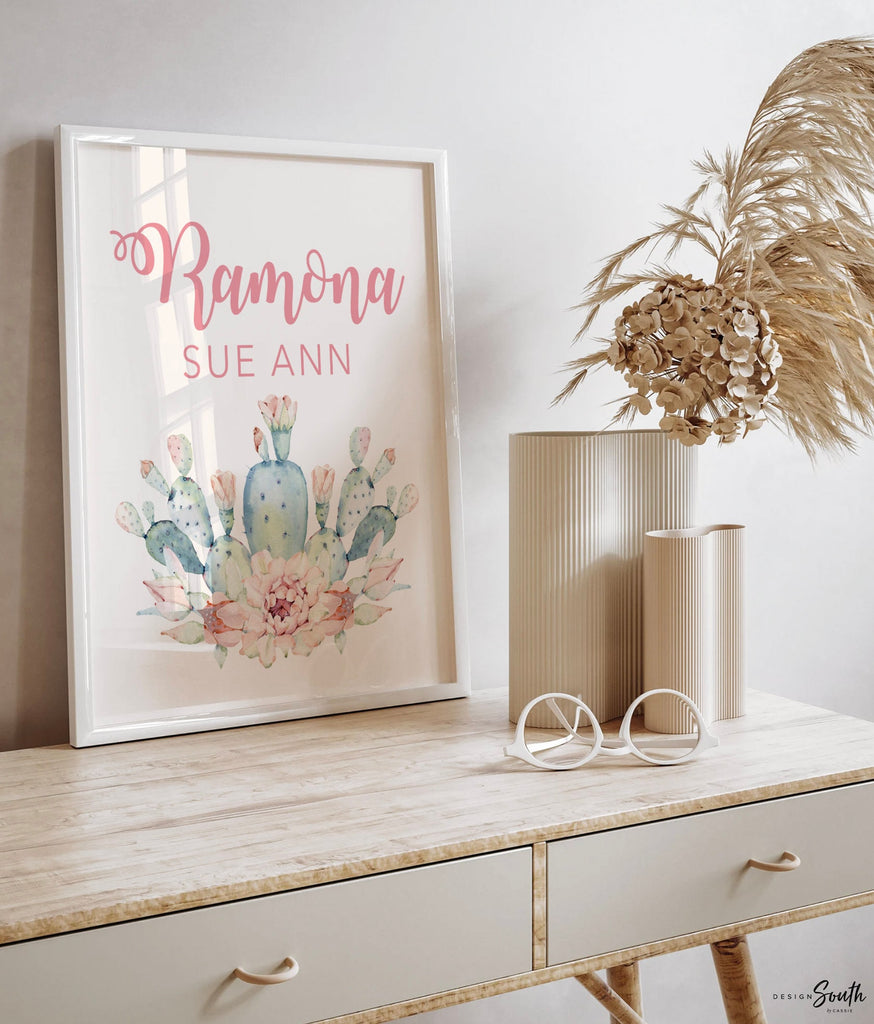 Pink mint colors girl nursery, desert boho succulent nursery decor, pink green cactus baby girl wall, cactus blooms theme room succulents