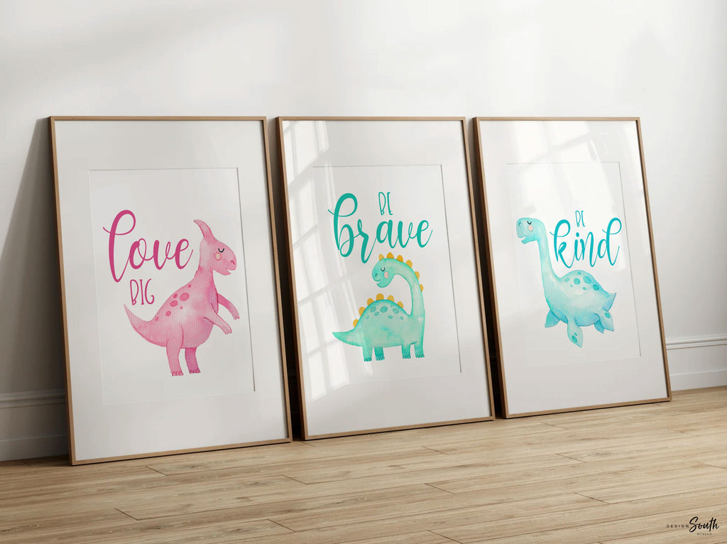 Sweet baby dinosaurs, nursery dinosaur themed wall art pink mint blue, love big be kind be brave with dinosaur, baby decor dinosaur wall art