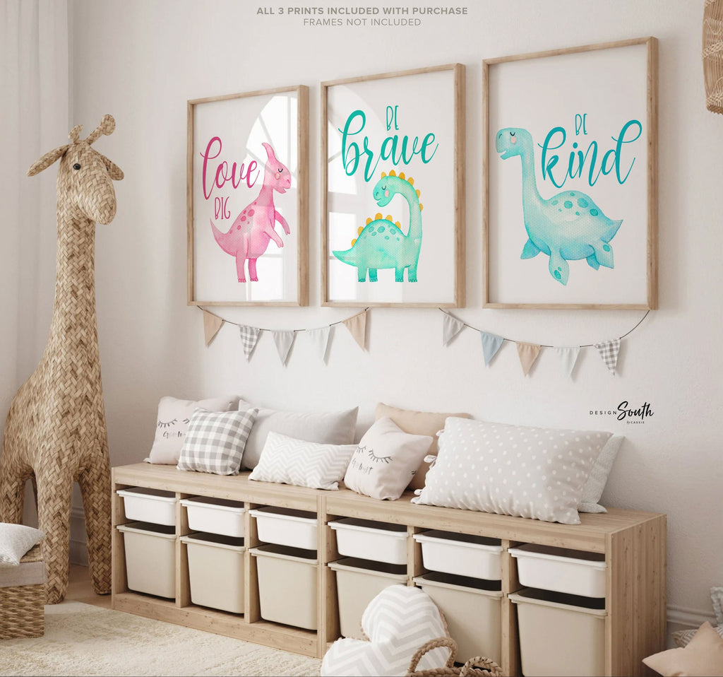Sweet baby dinosaurs, nursery dinosaur themed wall art pink mint blue, love big be kind be brave with dinosaur, baby decor dinosaur wall art