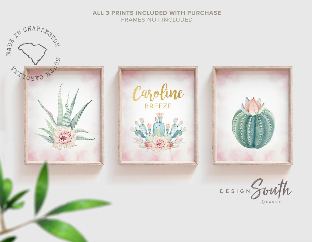 Pink gold floral monogram, baby nursery cactus blooms with gold, personalized bedroom wall decoration, floral cactus pink gold succulents