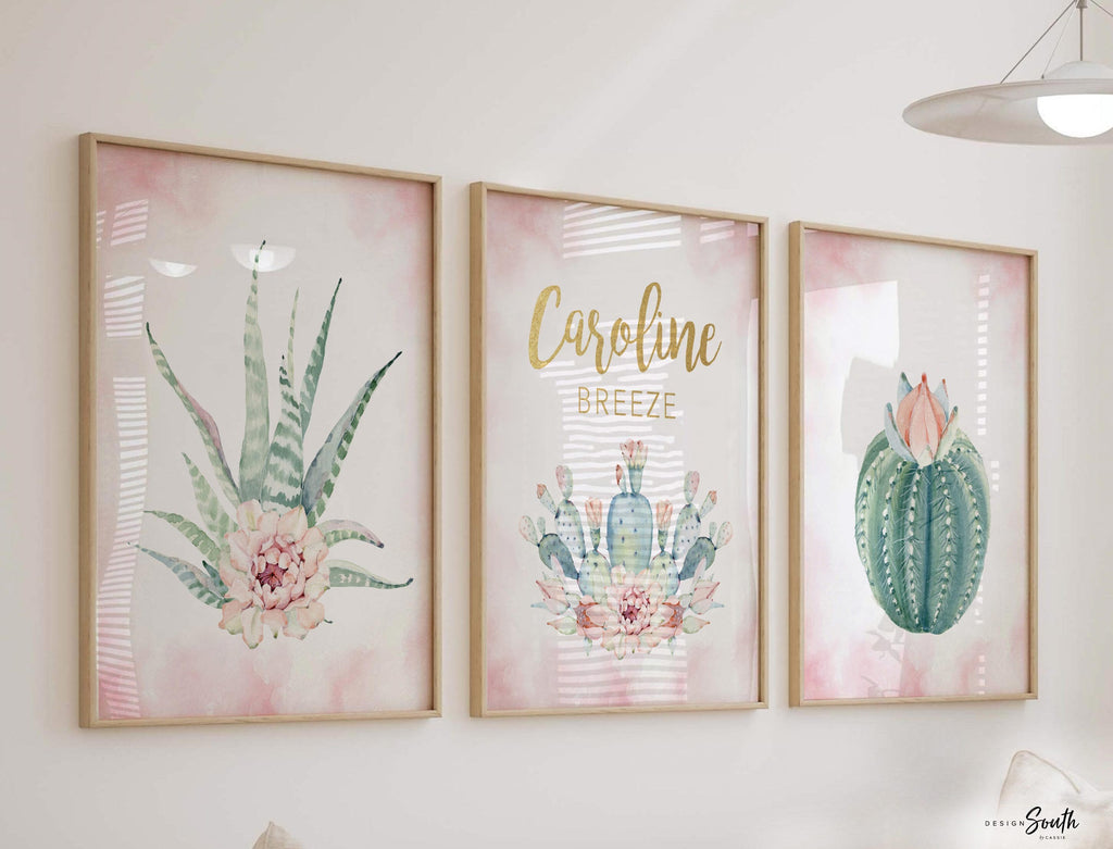 Pink gold floral monogram, baby nursery cactus blooms with gold, personalized bedroom wall decoration, floral cactus pink gold succulents