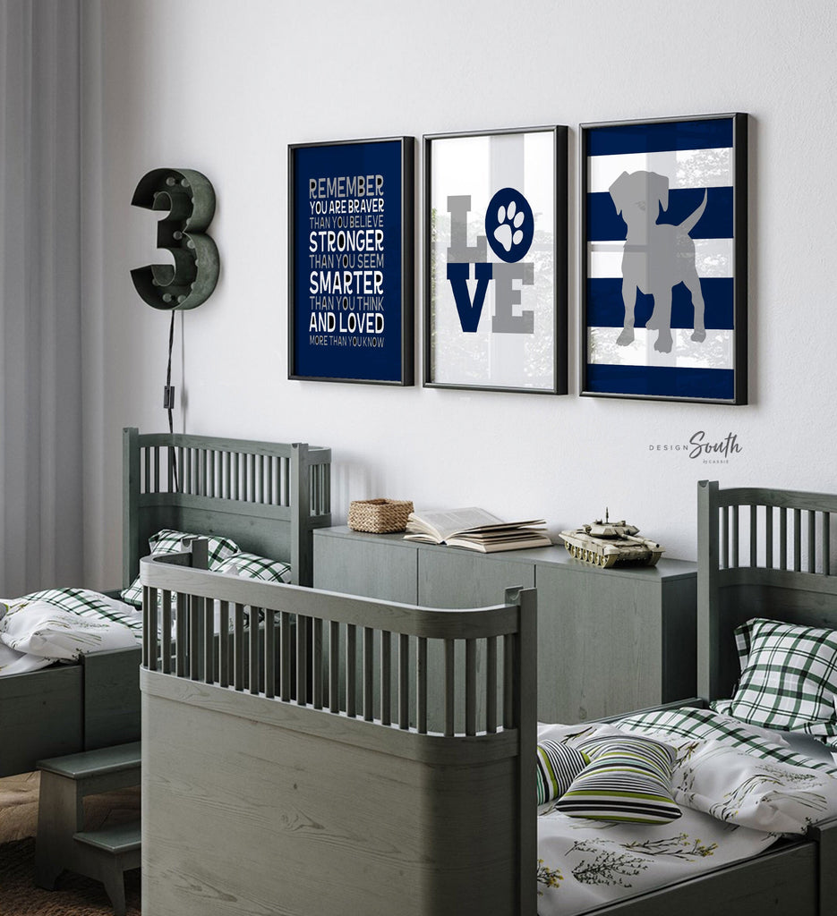 Dog nursery, baby boy dog nursery, puppy nursery, puppy boys bedroom, boys dog prints blue, boys dog art, navy blue and grey dog wall decor