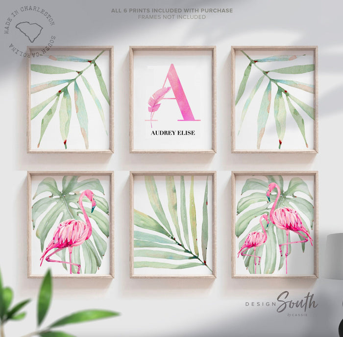 Pink green tropical print art set, above crib tropical wall, flamingo nursery decor, baby room decor, newborn flamingo nursery pink & green