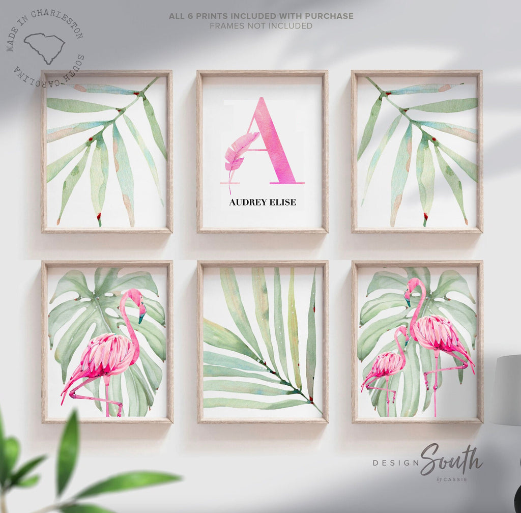 Pink green tropical print art set, above crib tropical wall, flamingo nursery decor, baby room decor, newborn flamingo nursery pink green