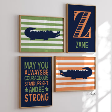 Alligator nursery decor, orange navy blue and green, quote for boys, boys alligator nursery, personalized name decor, gator prints boys wall