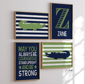 Alligator wall decor, navy blue and green nursery decor, gator wall art, personalized print, name decor, boys nursery decor, quote for boys